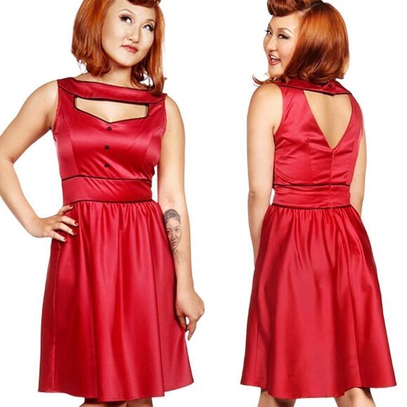 Folter The Scarlett Red Satin Retro Pin Up Rockabilly Fit Flare Dress Sz L NWT - Picture 15 of 16
